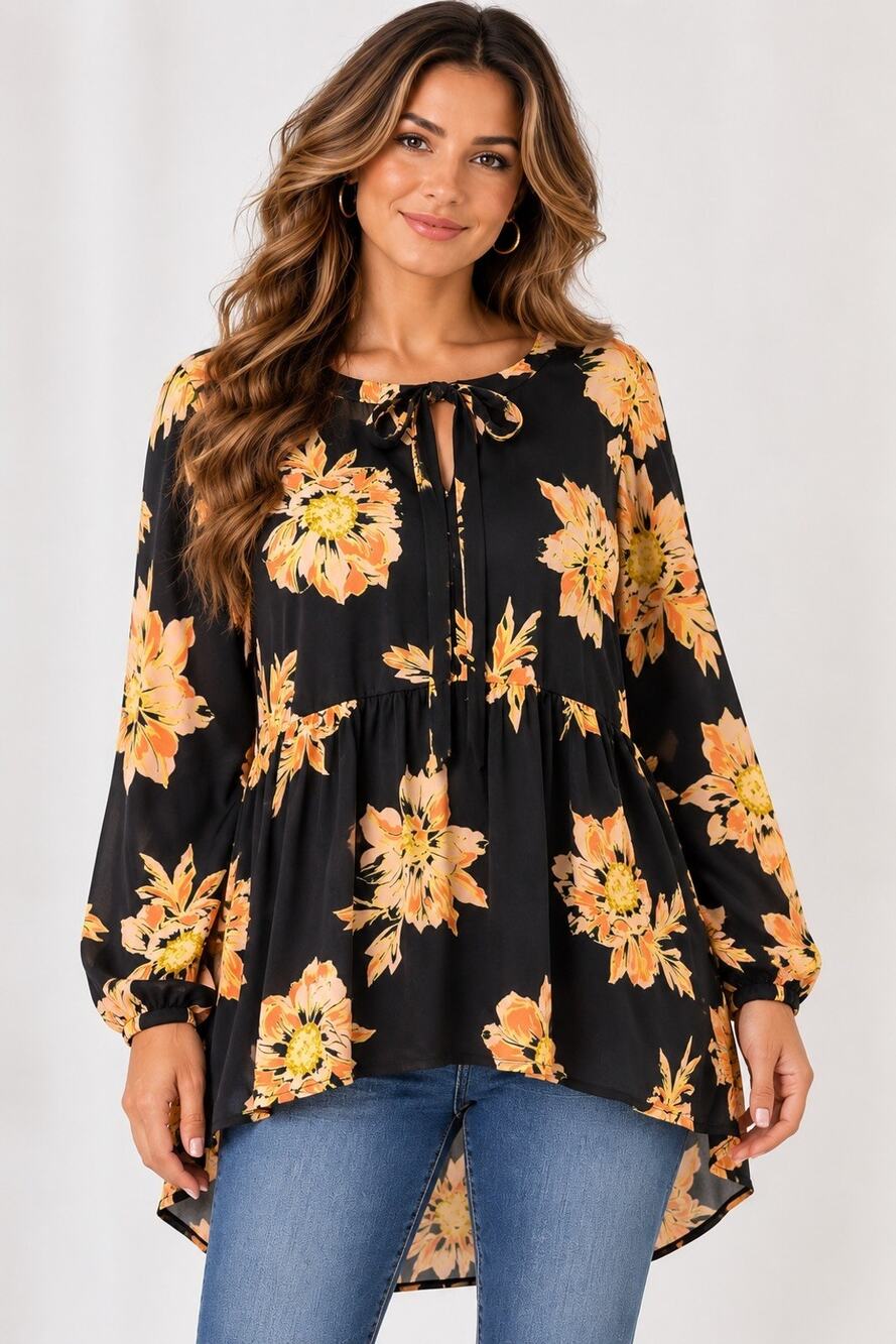 DR2 Daniel Rainn Women XL Black Floral Tie Neck Peplum Blouse Long Sleeve EUC
